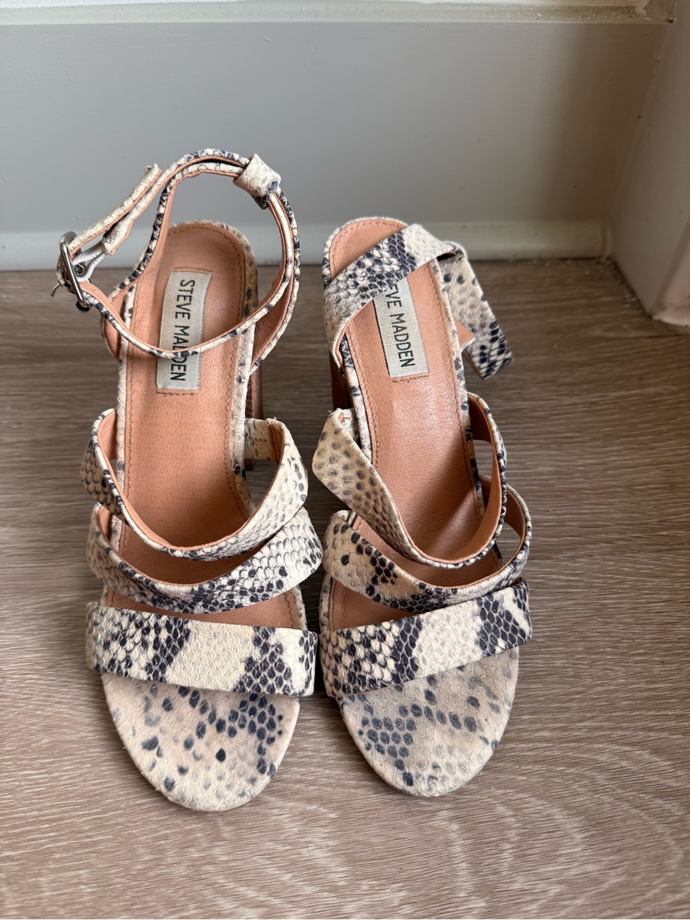 Steve Madden Snake-Print Strappy Heels in Beige and Black